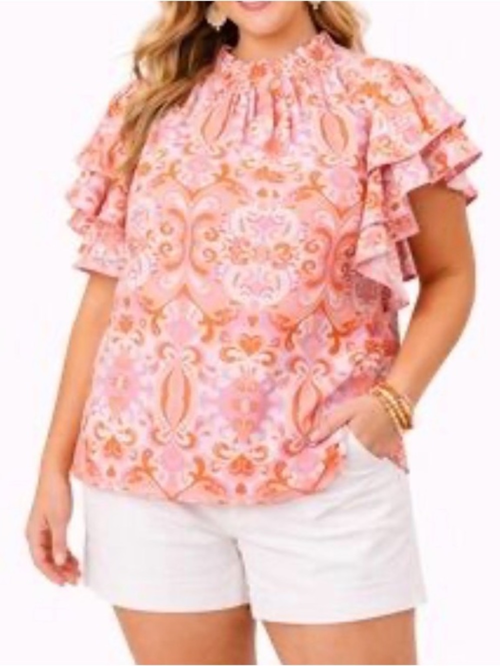 Chic Soul Orange Floral Ruffle Sleeve V-Neck Blouse size 2X